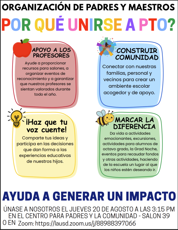 Reunión informativa de la asociación de padres y maestros (PTO) - Jueves 20 de agosto - 3:15 PM Featured Photo