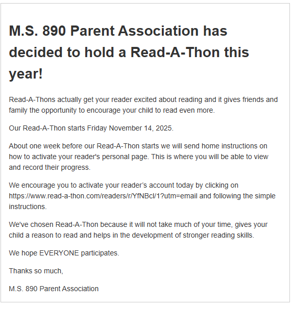 Flyer with information regarding the Read-A-thon