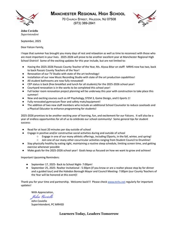 Welcome Back Letter from the Superintendent 2025-2026!