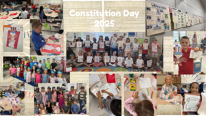 Students participating in Constitution Day activities with crafts and group photos.