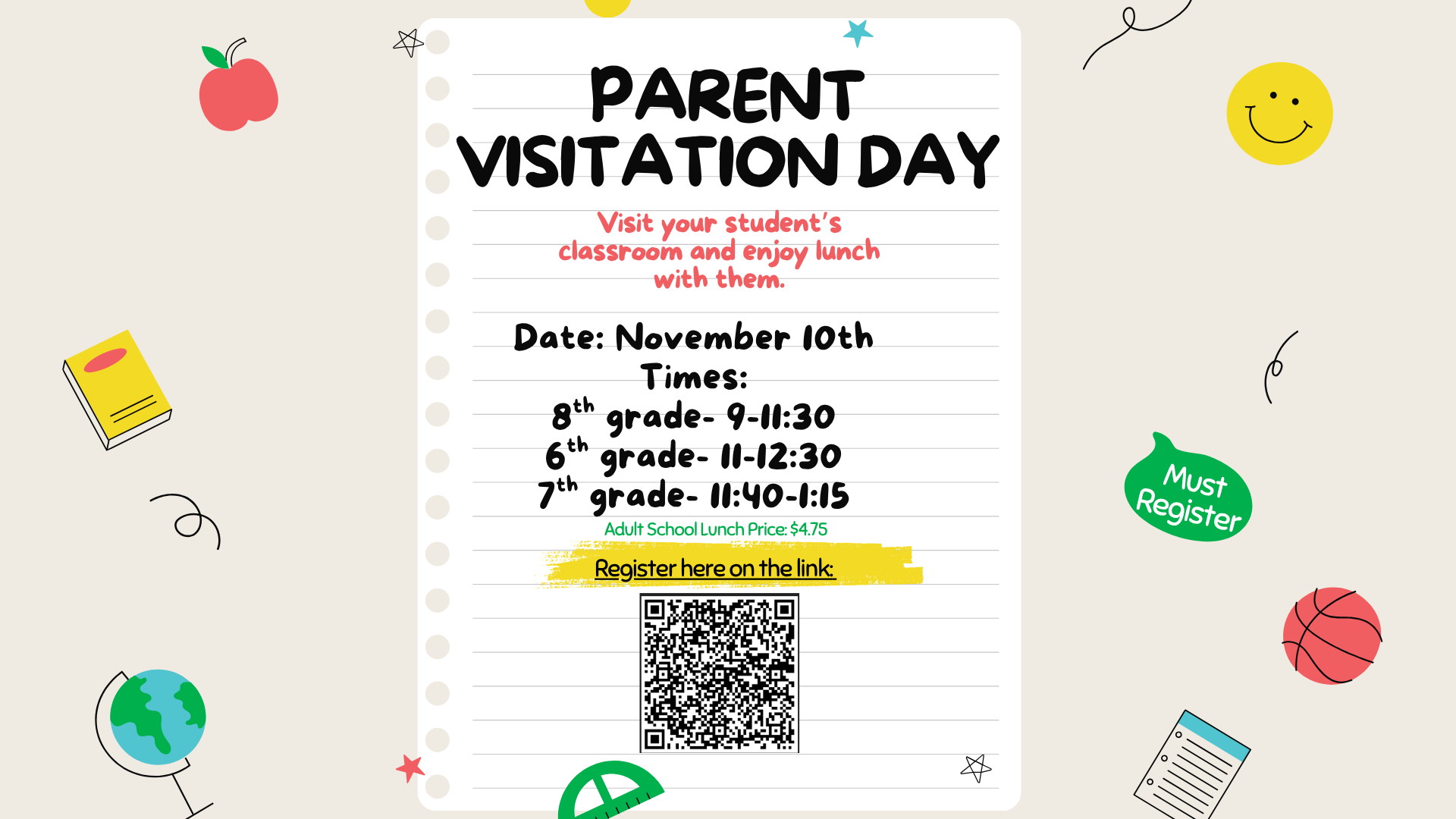 Announcement for Parent Visitation Day with schedule, date, and QR code.