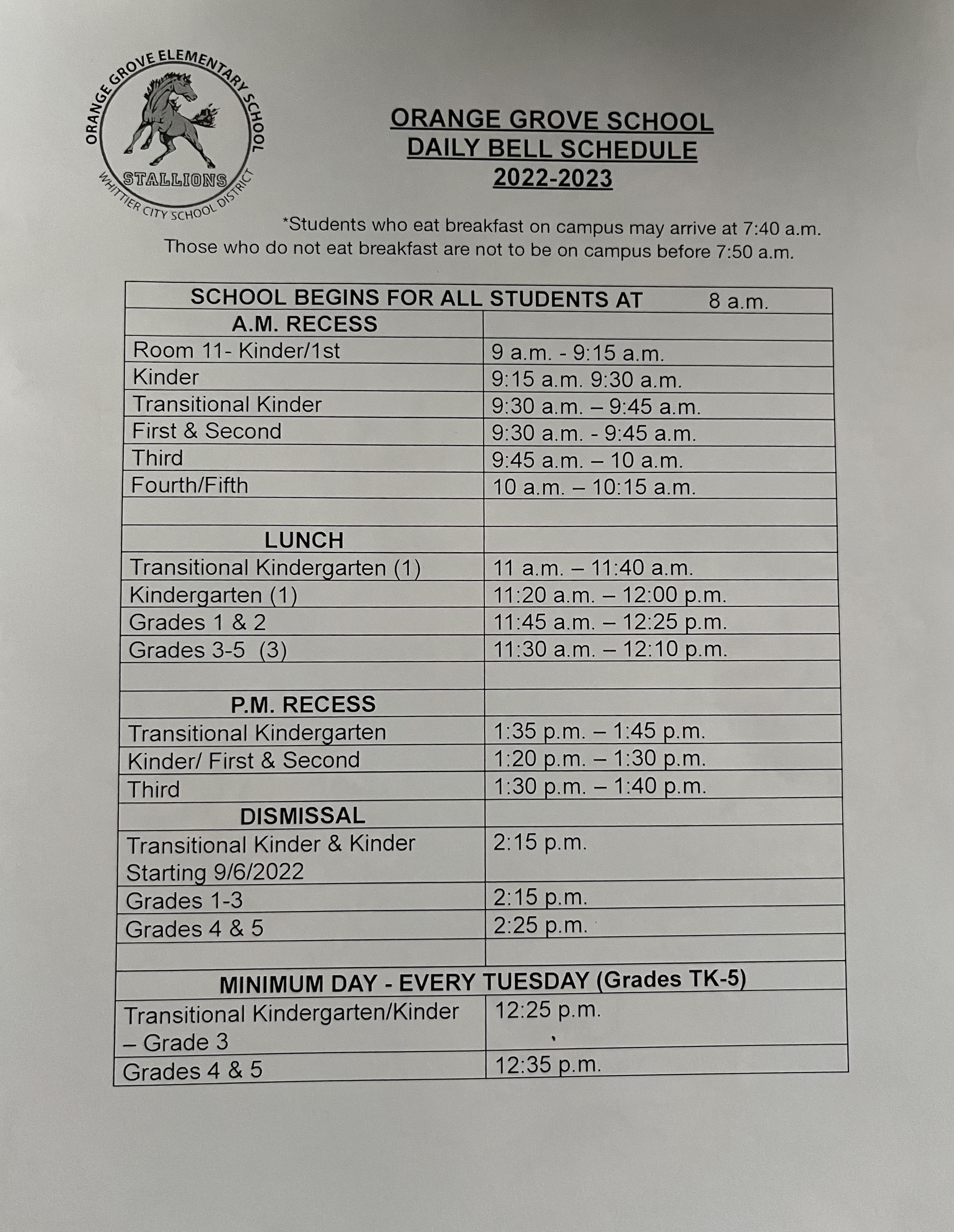 Bell Schedule Students Orange Grove Elementary School