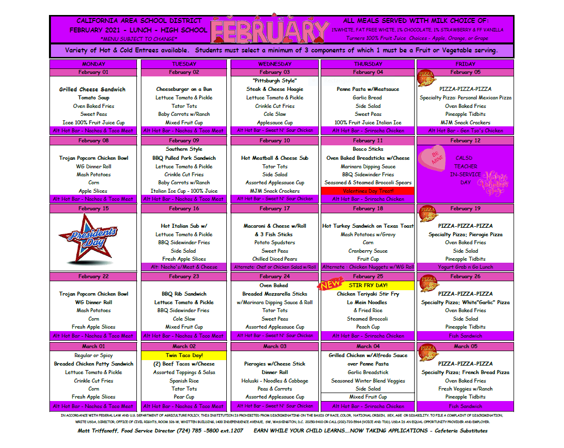 Menus Food Services California Area School District