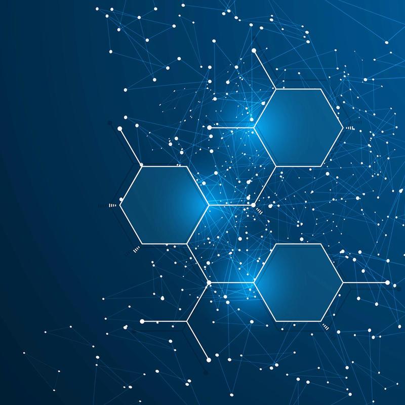 Hexagonal shapes connected by lines over a blue background.