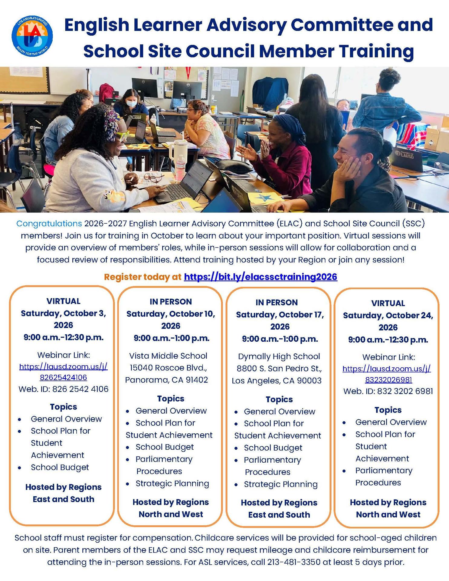 Dates and Times for ELAC SSC Training