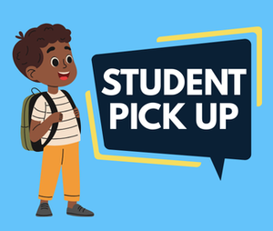Student Pick up in a navy speech bubble with an illustrated student looking at the text