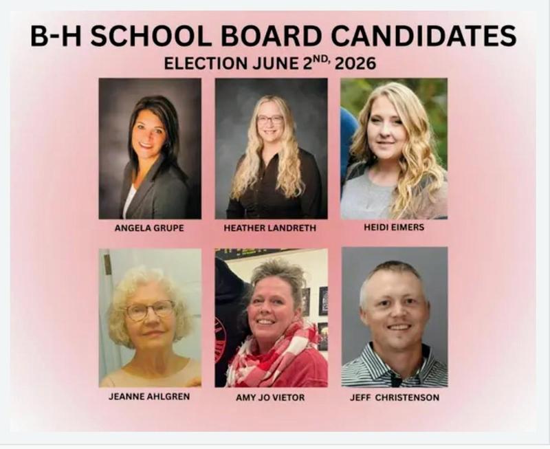Collage of six school board candidates with names and a pink background.