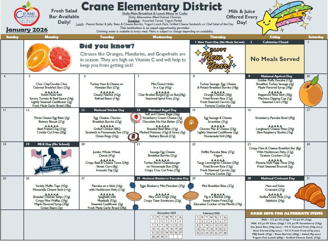 Crane Schools January 2026 Menu