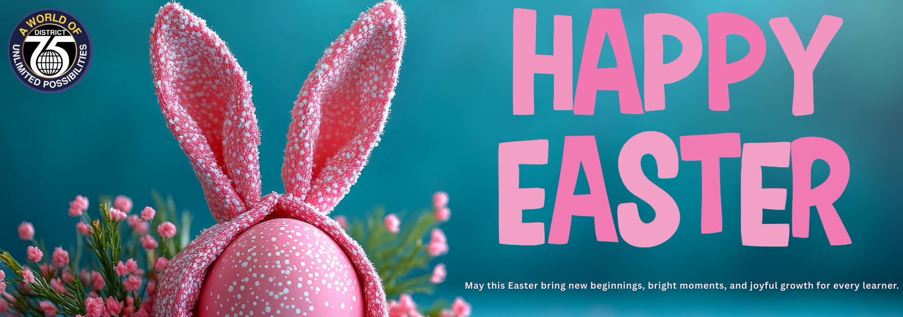 Easter greeting with a pink bunny ear and decorated egg against a pastel background.