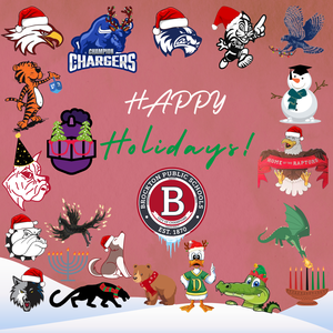 Happy holidays graphic with BPS school mascots