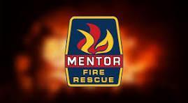 Logo of Mentor Fire Rescue on a fiery background.