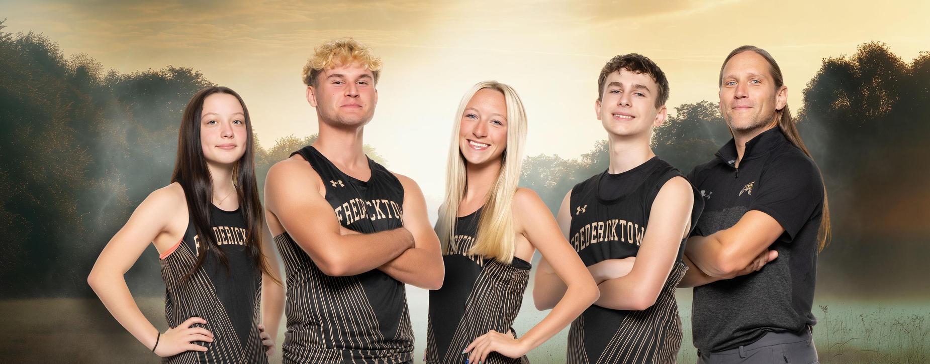 Four Fredericktown athletes in sports attire against a foggy backdrop.