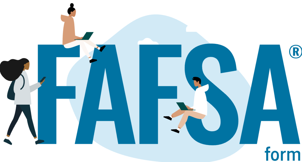 FAFSA logo with students looking at laptops and phones