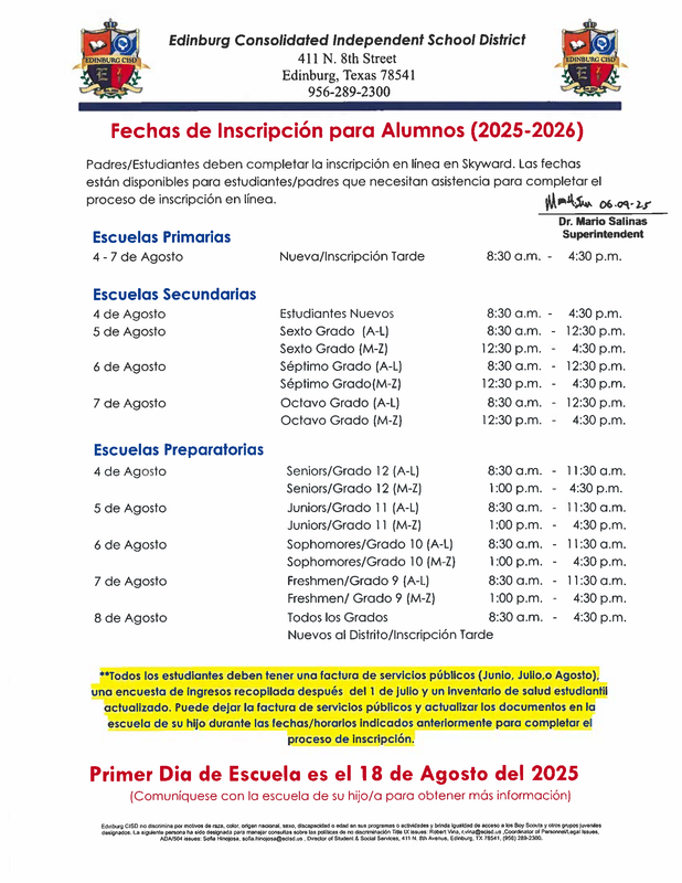 Student Registration Dates [Spanish]