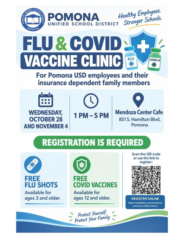 Flu and Covid Vaccine Clinic for PUSD Employees & Family - flyer image for news story