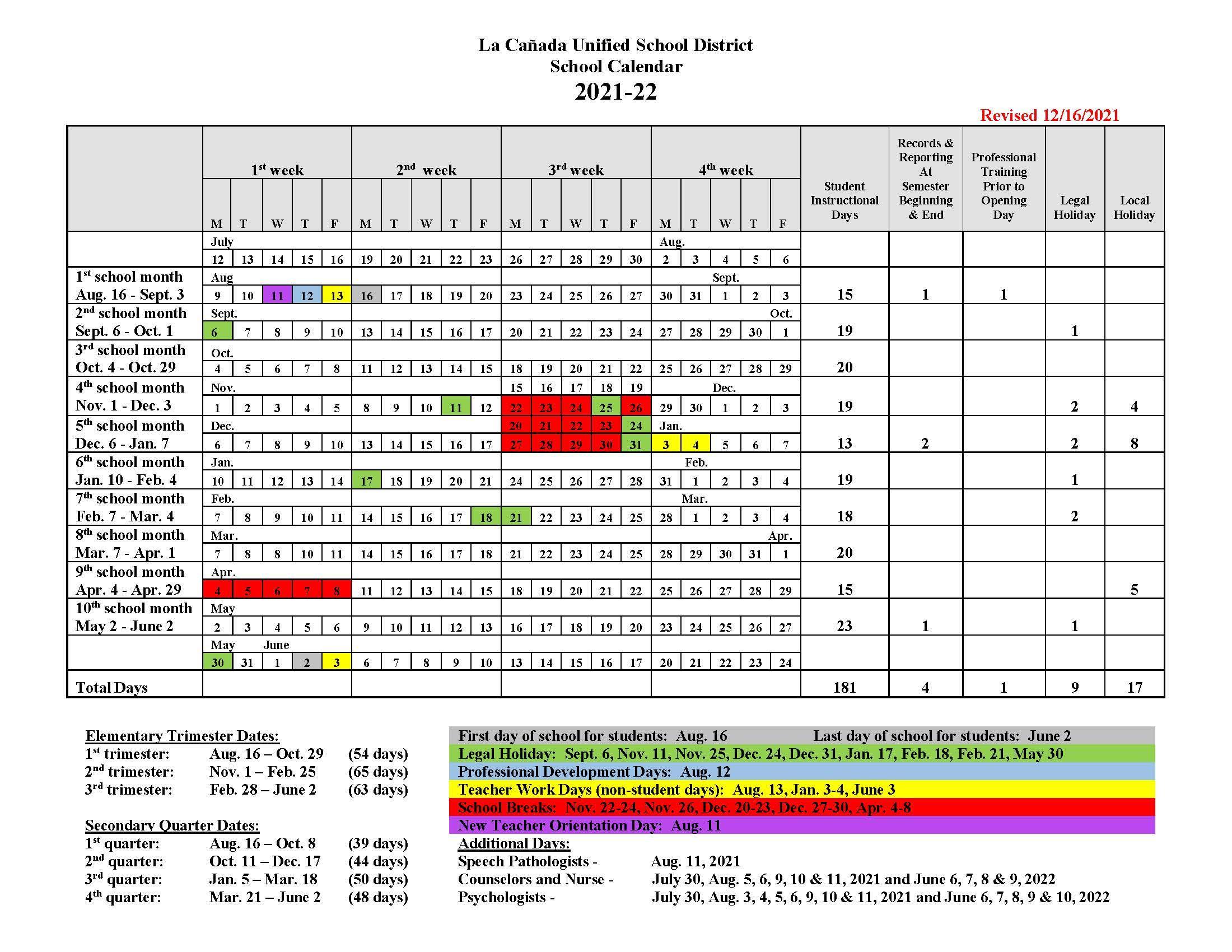 District 65 Calendar 2022 23 Instructional Days Calendars – Yearly Calendars – La Cañada Unified School  District