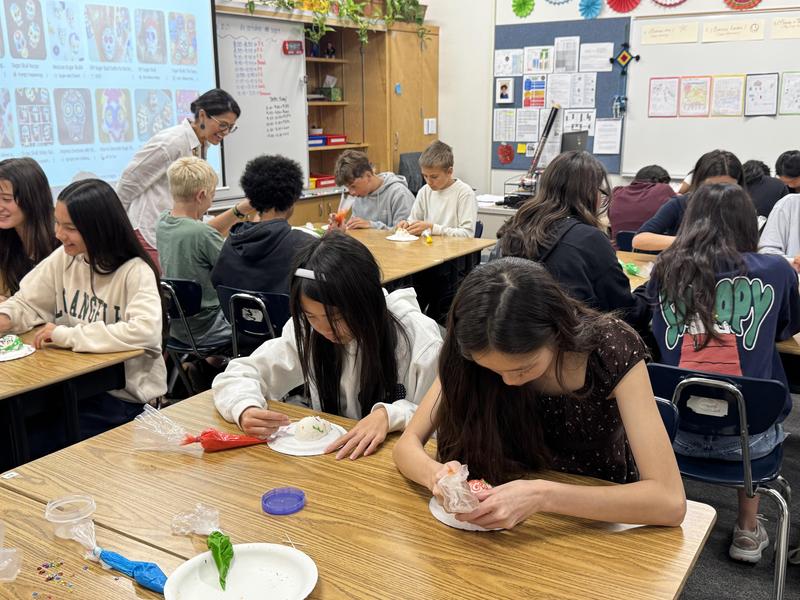 Eighth-grade Spanish 1-2 students decorate sugar skulls to celebrate Day of the Dead. (Photo Courtesy of South Pasadena Unified School District)