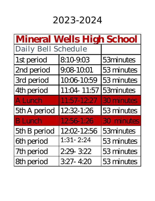 Mineral Wells High School 2023 2024 Bell Schedule Mineral Wells High 