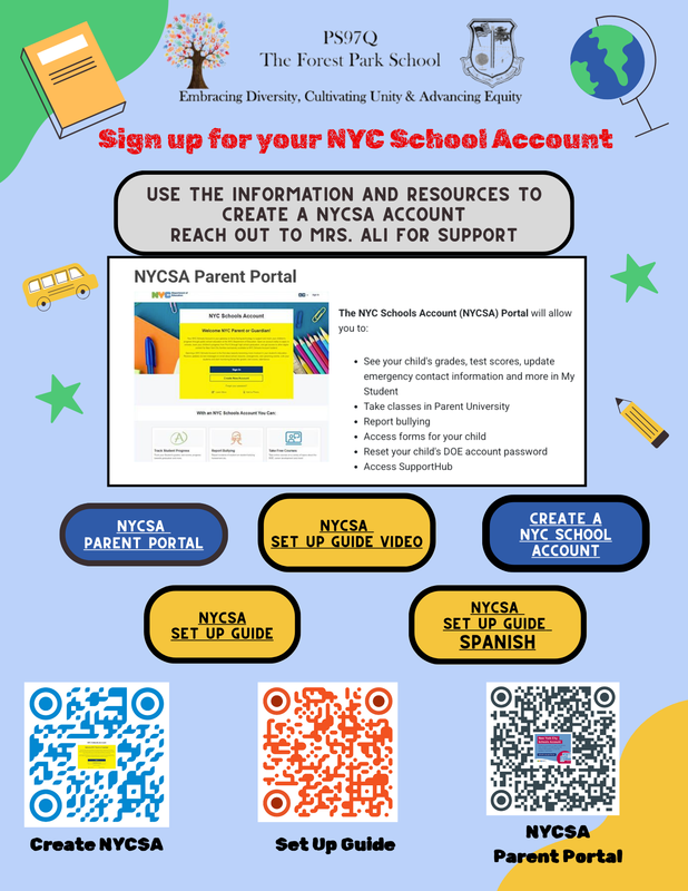 Colorful informational flyer detailing how to sign up for a NYC School account.