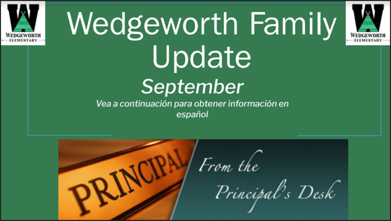graphic reads Wedgeworth Family Update September from the Principal's Desk