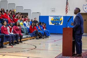 Mayor Brandon Johnson at Holy Family School