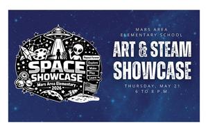 Banner for Mars Area Elementary's Space Showcase event with cosmic theme.