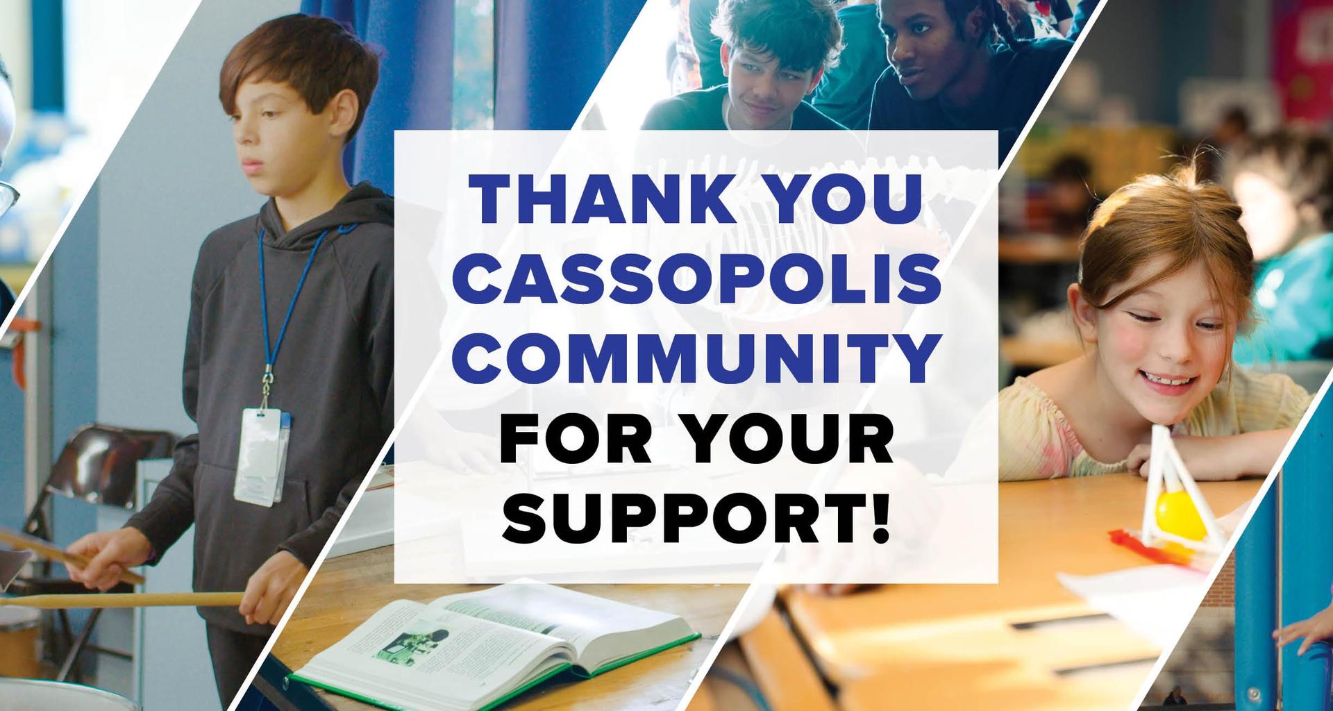 Collage celebrating community support with students and activities.