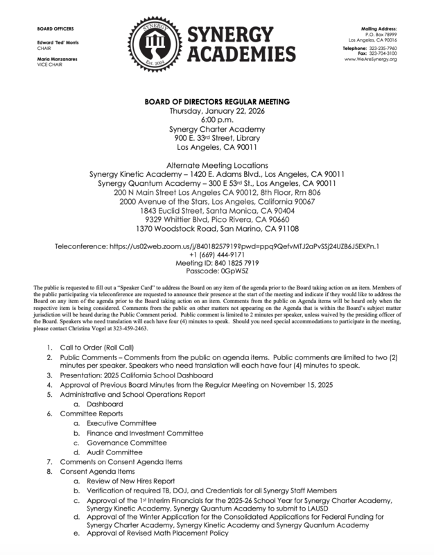 Board Meeting Agenda 1/22/26