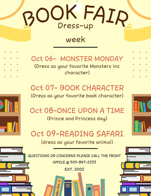 a list of dress up days and piles of books