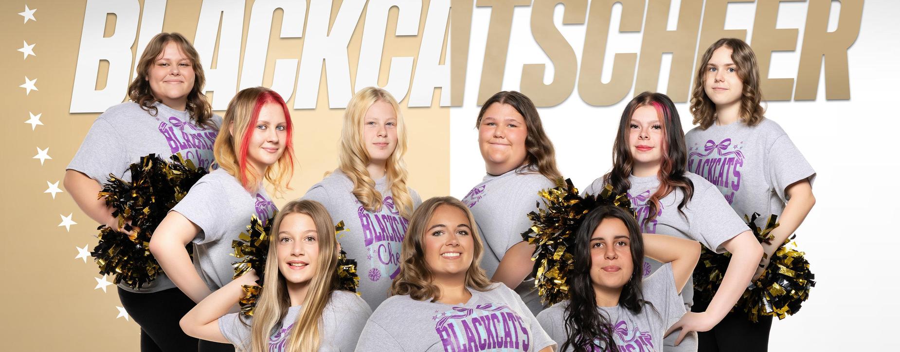 Group of cheerleaders holding pom-poms in matching shirts.