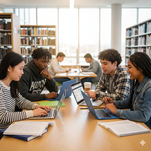 Students sitting around a table with laptops