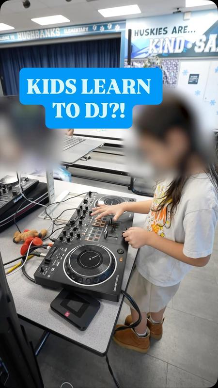Caption: Kids learn to DJ and student using DJ equipment