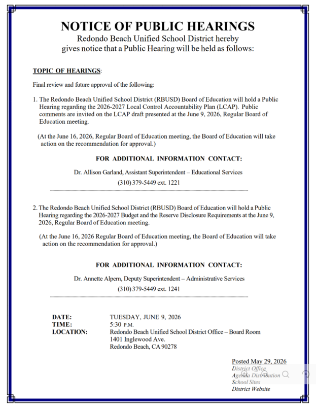 Notice of Public Hearings for the 2026-27 LCAP, Annual Budget, and Reserve Disclosure Requirements June 9, 2026 Featured Photo