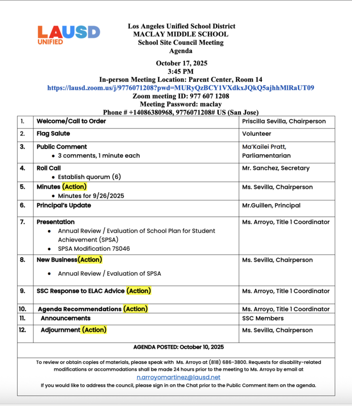 SSC Parent Meeting Agenda 10-17-25
