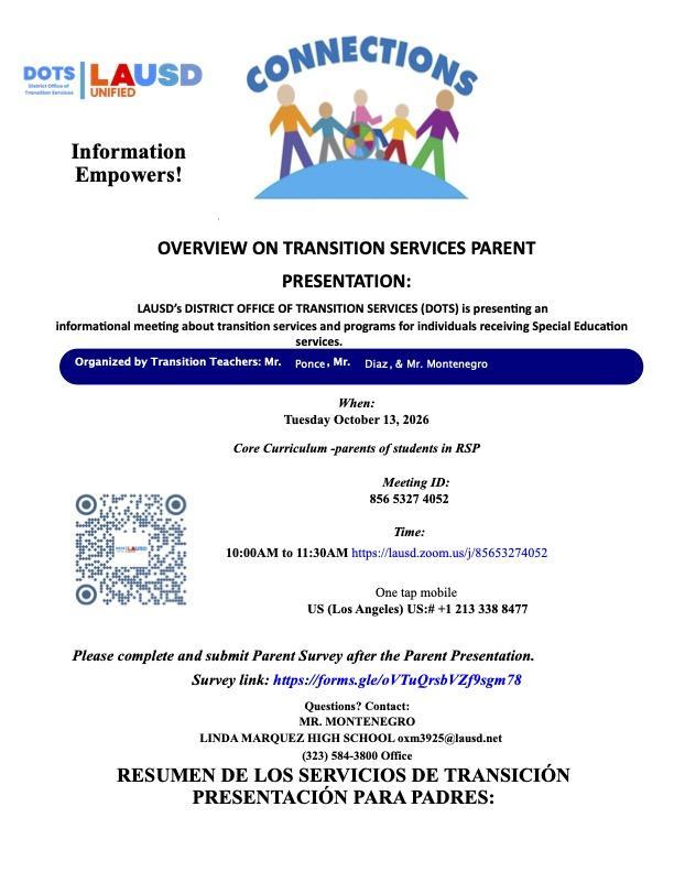 You’re Invited! Parent Presentation on Special Education Transition Services/ ¡Están invitados! Presentación para padres sobre los servicios de transición de educación especial Thumbnail Image