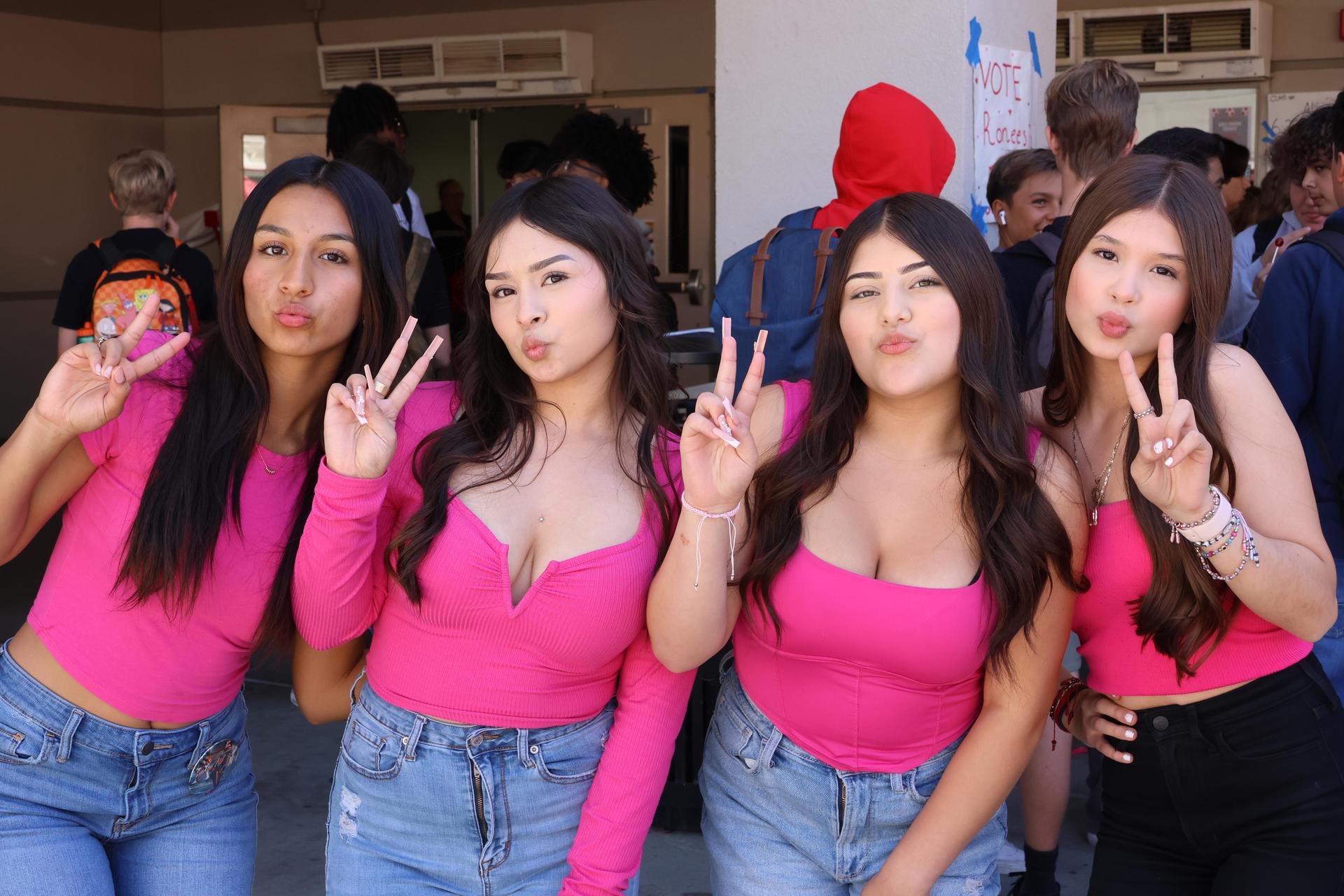 students dressed in pink to show school spirit