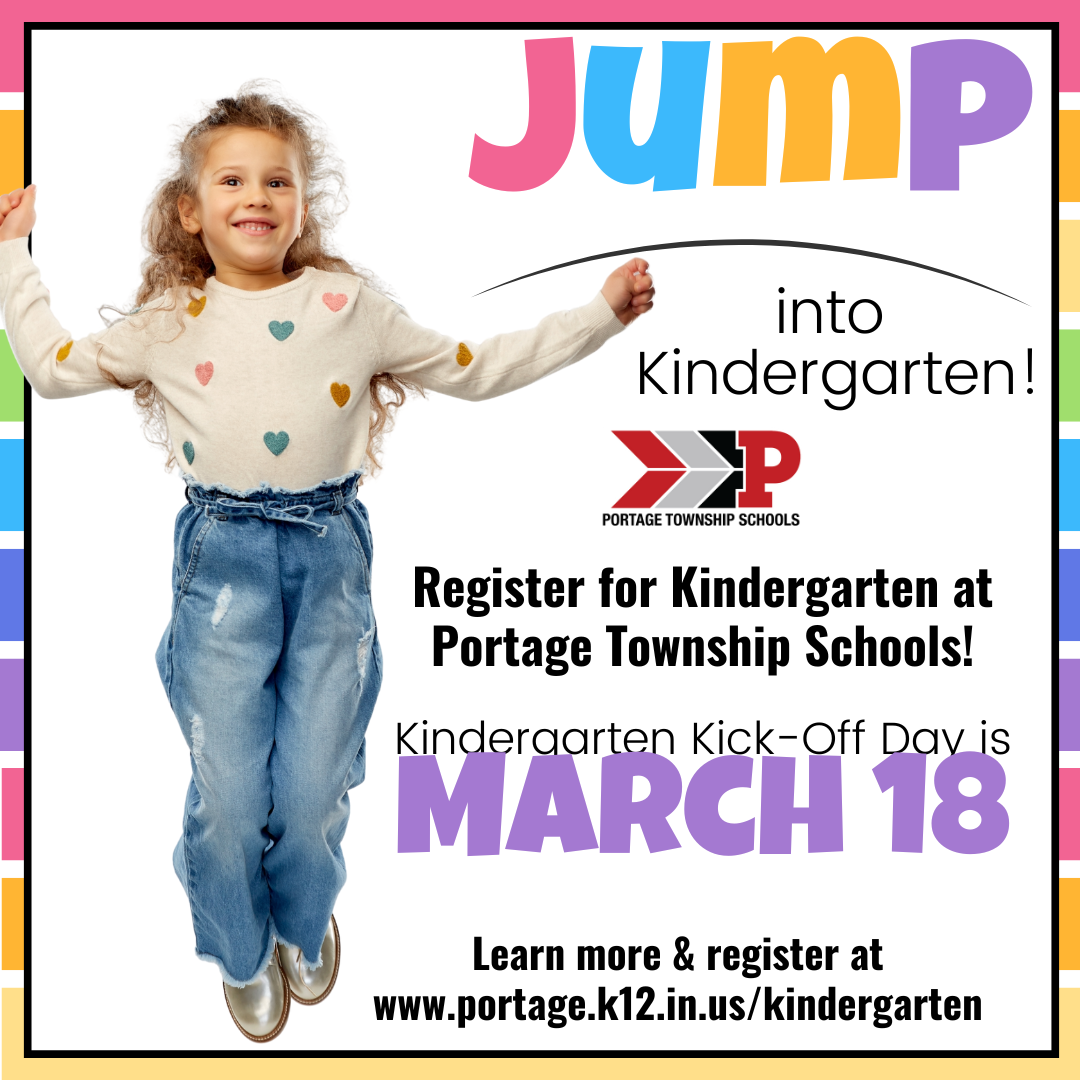 Joyful child leaping with hands raised, promoting kindergarten registration at Portage Township.
