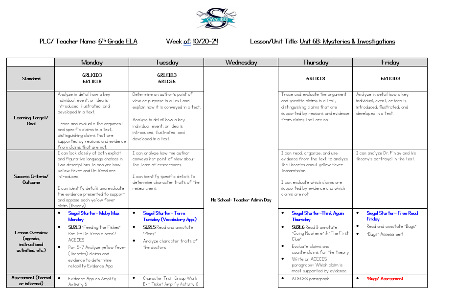 ELA Lesson Plans Oct 20 - 24