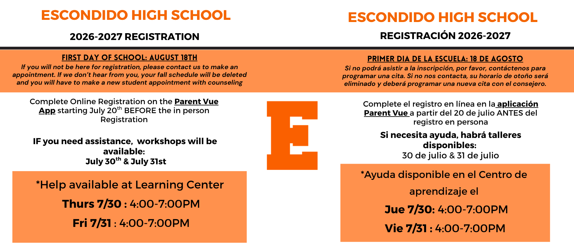 Registration information for Escondido High School for 2026-2027.
