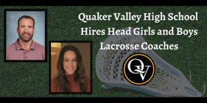 Image depicts two smiling headshots of a man and woman superimposed over a muted photo of a lacrosse stick and ball on a field.