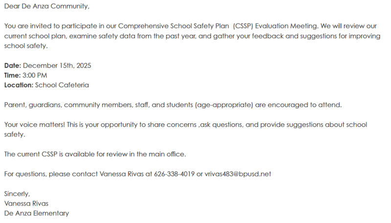 Message from Principal on School Plan