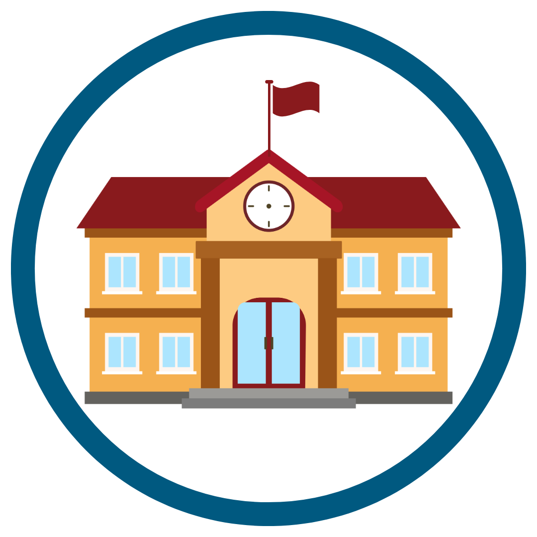 yellow school building with blue windows and flag icon