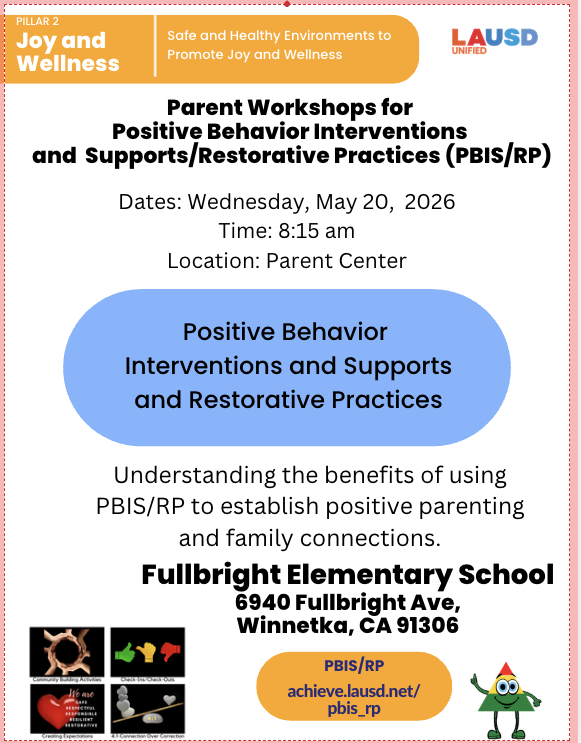 Parent Workshops for  Positive Behavior Interventions  and  Supports/Restorative Practices (PBIS/RP). Taller de Padres para Intervenciones y Apoyos para el Comportamiento Positivo (PBIS) Featured Photo