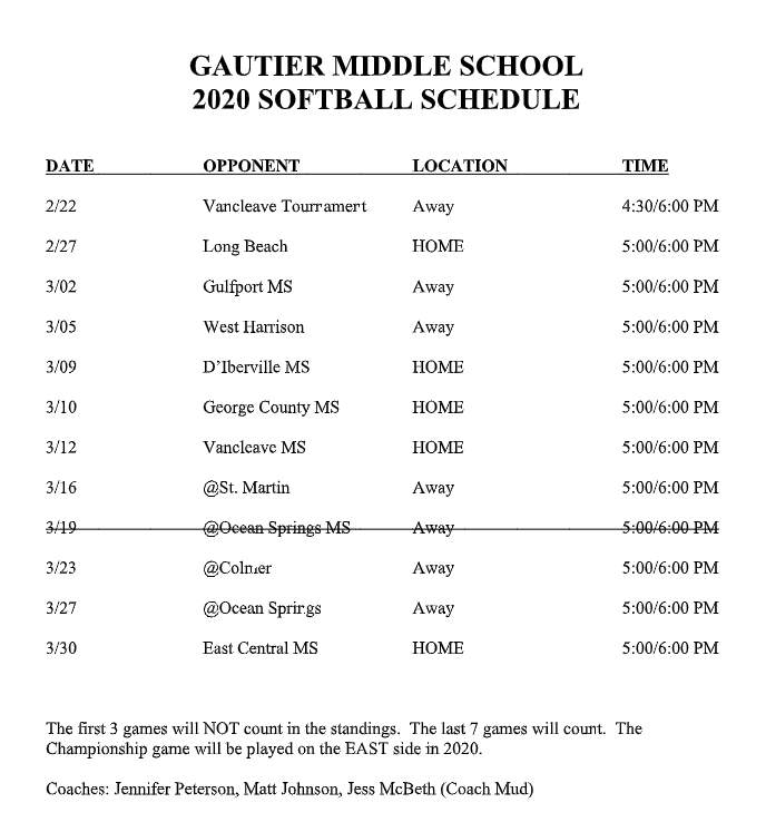 2020 Softball Schedule