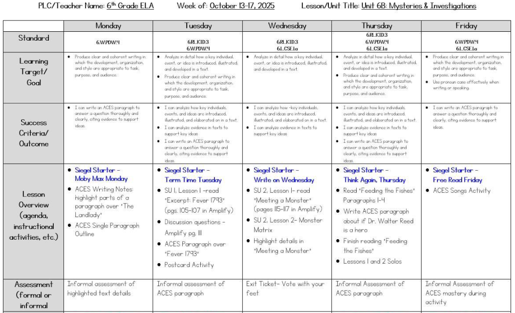 ELA Lesson Plans October 13 - 17