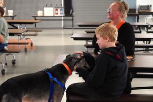 A student pets a dog brought by veterinarians to the school.