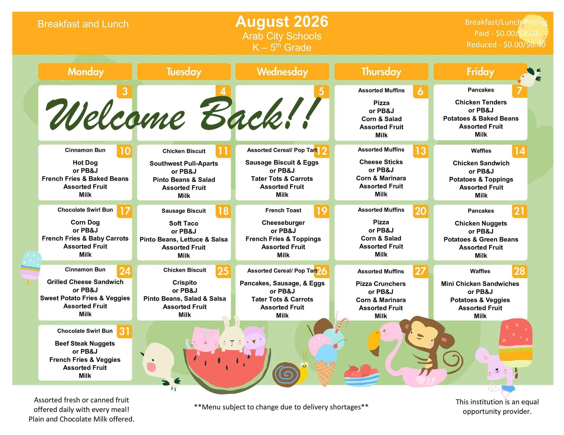 August 2026 Menu PreK-5