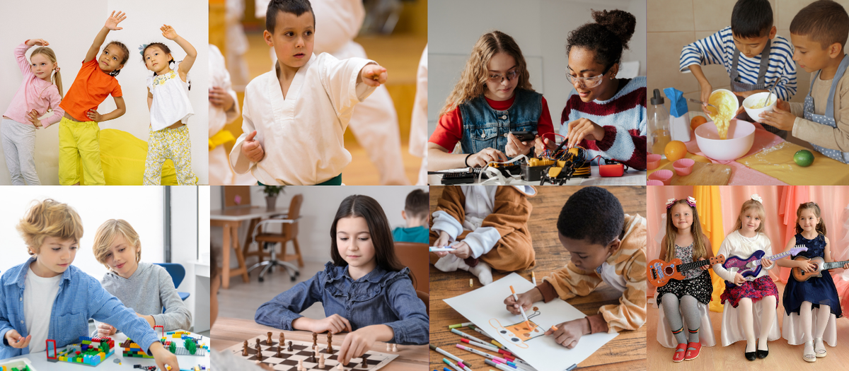 Collage of eight classes of students performing various ENCORE tasks