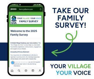 Take our family survey Your Voice Your Village with phone showing sample survey screen