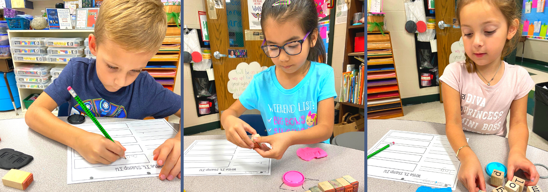 3 young students learning to spell using stamps in playdoh